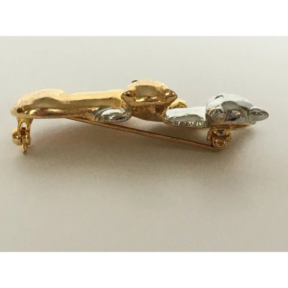 Cats Brooch Pin Silver & Gold Tone Laying Black Eyes Vintage Costume Jewelry 2" - Picture 5 of 10